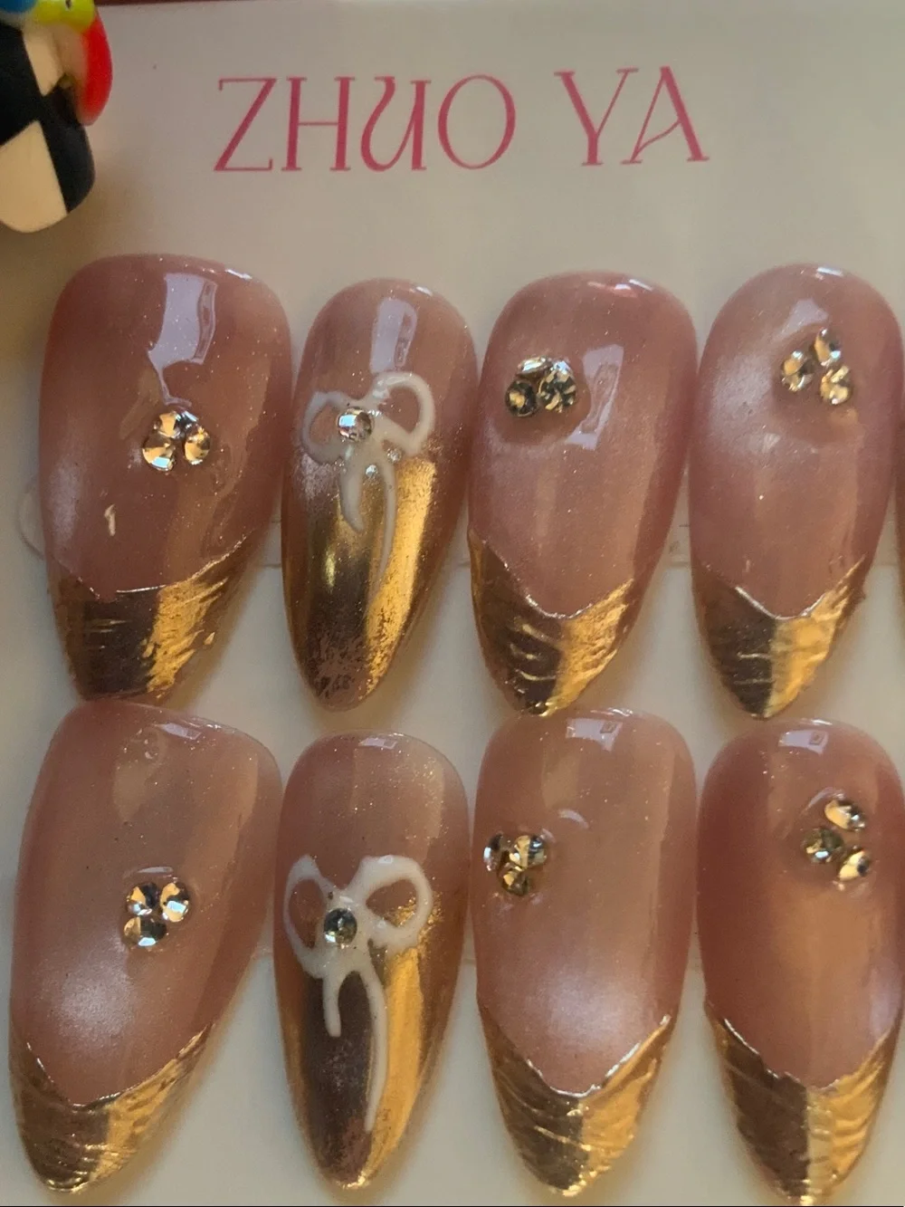 CUSTOM MADE L ALMOND Pink Cat Eye & metallic Gold French tip & Rhinestones& Bows